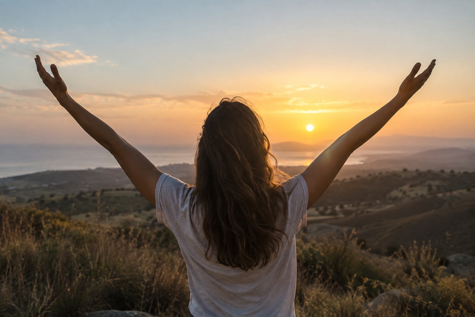 Una persona con le braccia aperte al tramonto