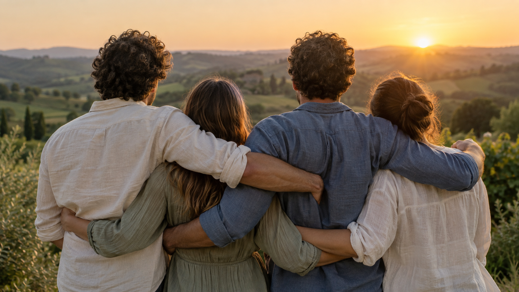 Un gruppo di amici visto da dietro al tramonto