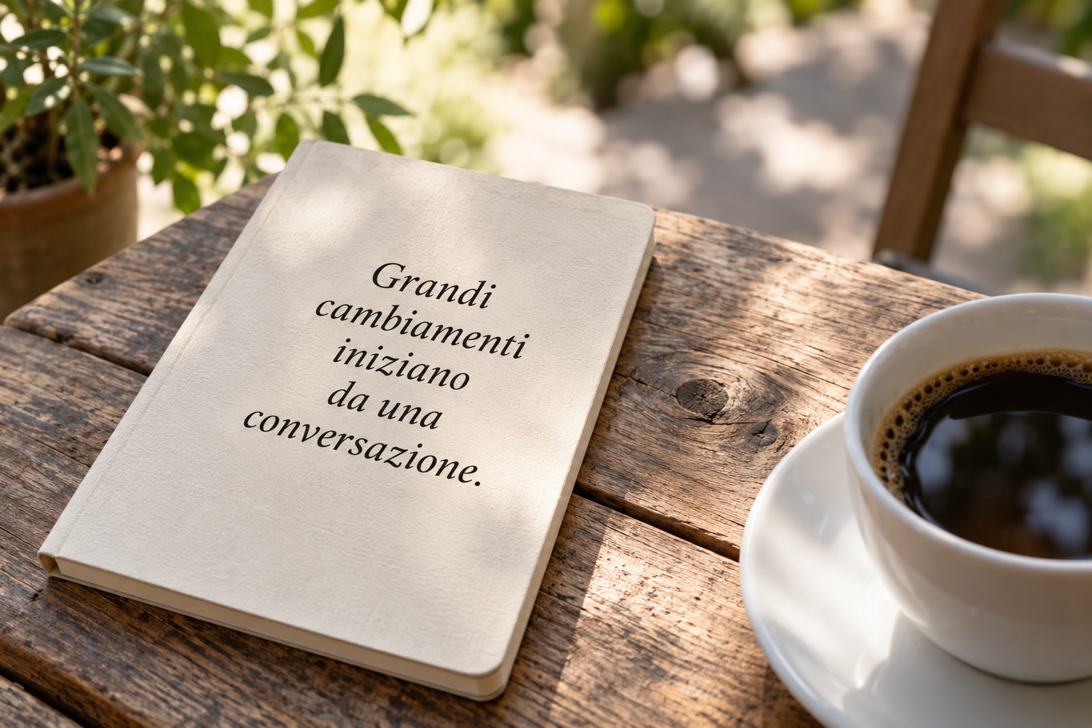 Un quaderno accanto al caffè: Grandi cambiamenti iniziano da una conversazione.
