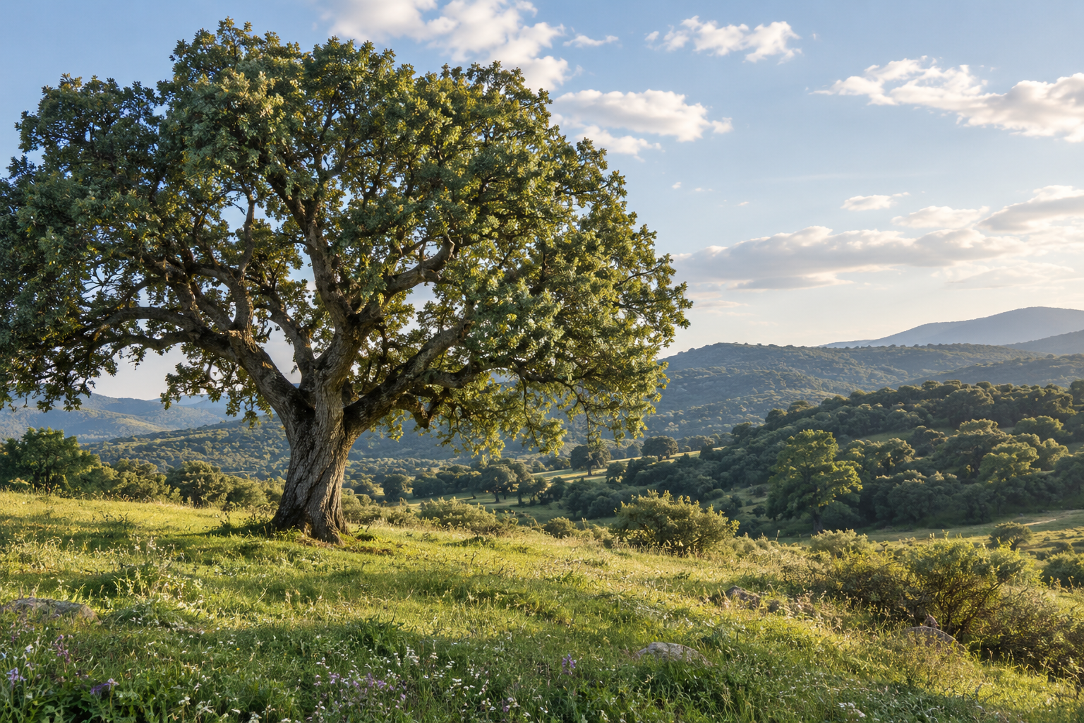 Un albero in un prato aperto sulle colline
